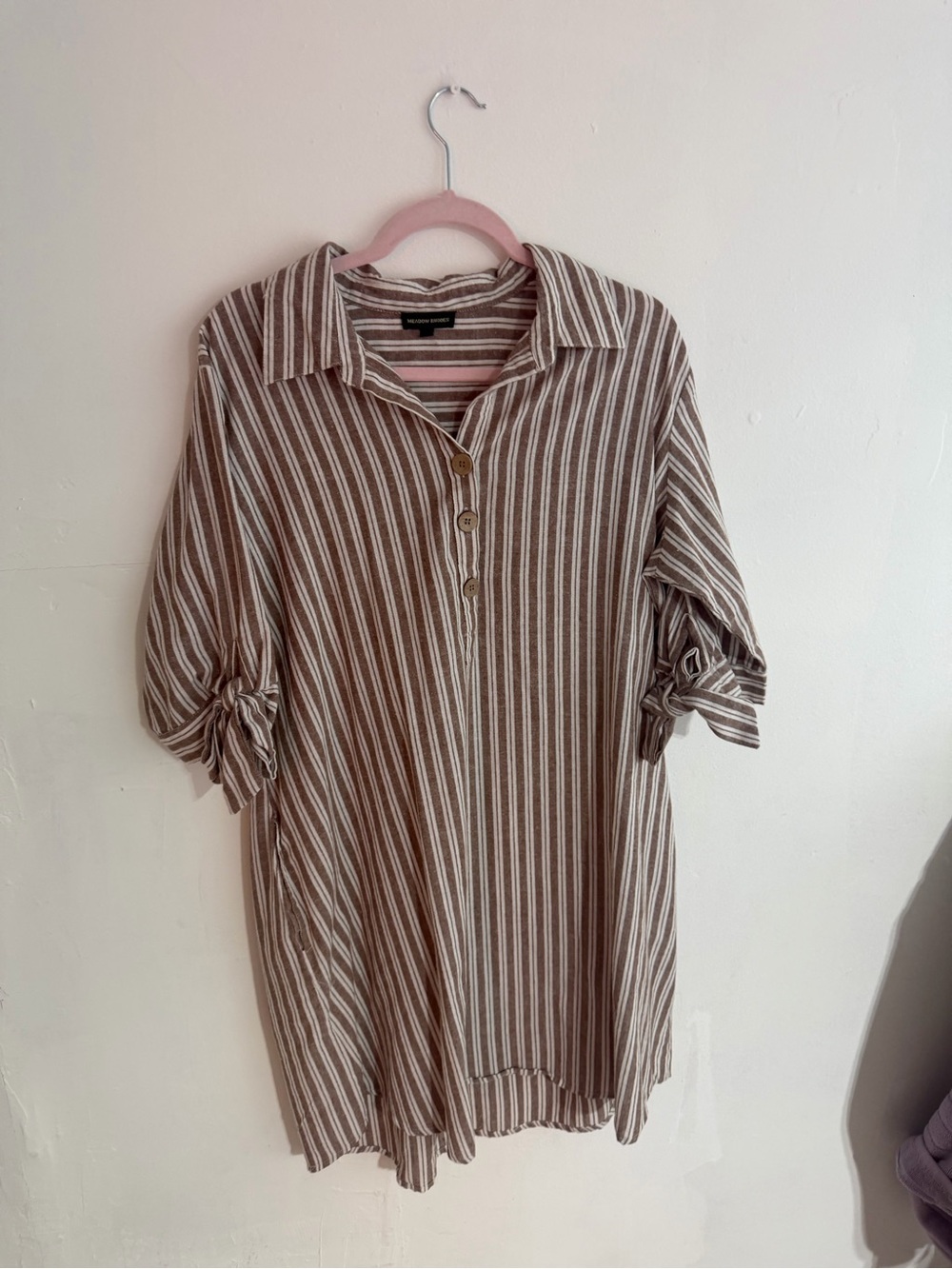 Dress: Striped Button Polo Tunic in Brown and White